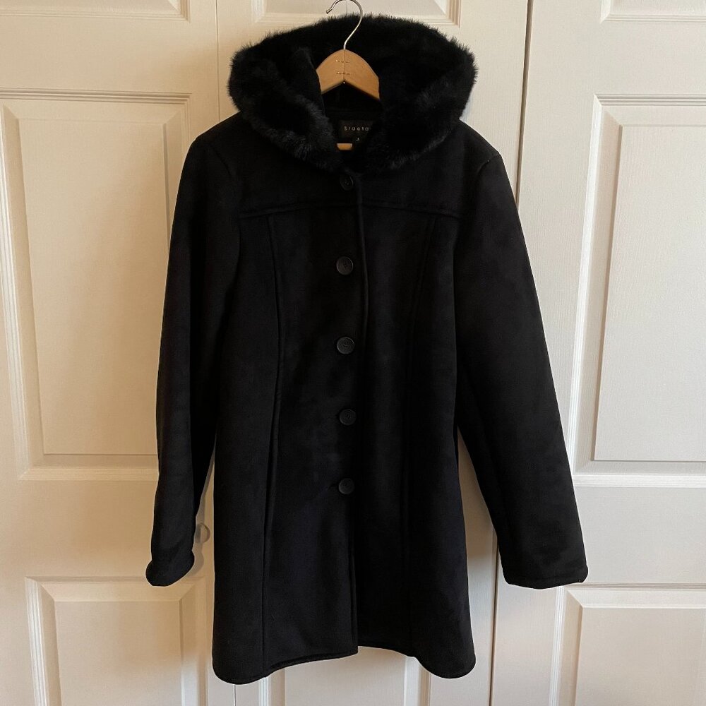 Braetan Black Faux Suade Hooded Coat – Sz. Large